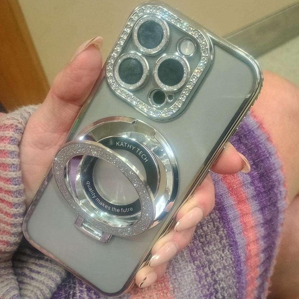 CLEAR SILVER RHINESTONE BLING IPHONE 15PRO PHONECASE WITH KICKSTAND - Picture 11 of 14